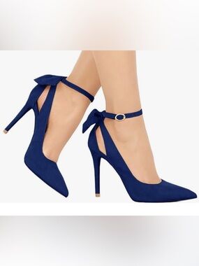 Ankle-Strap Pointed Toe High Heels with Bow in Navy